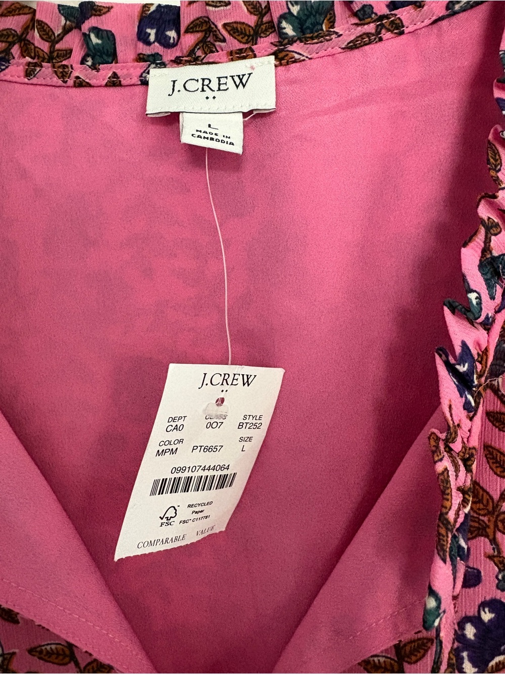NWT J. Crew L Pink Floral V-Neck Quarter Sleeve Top - Picture 3 of 7